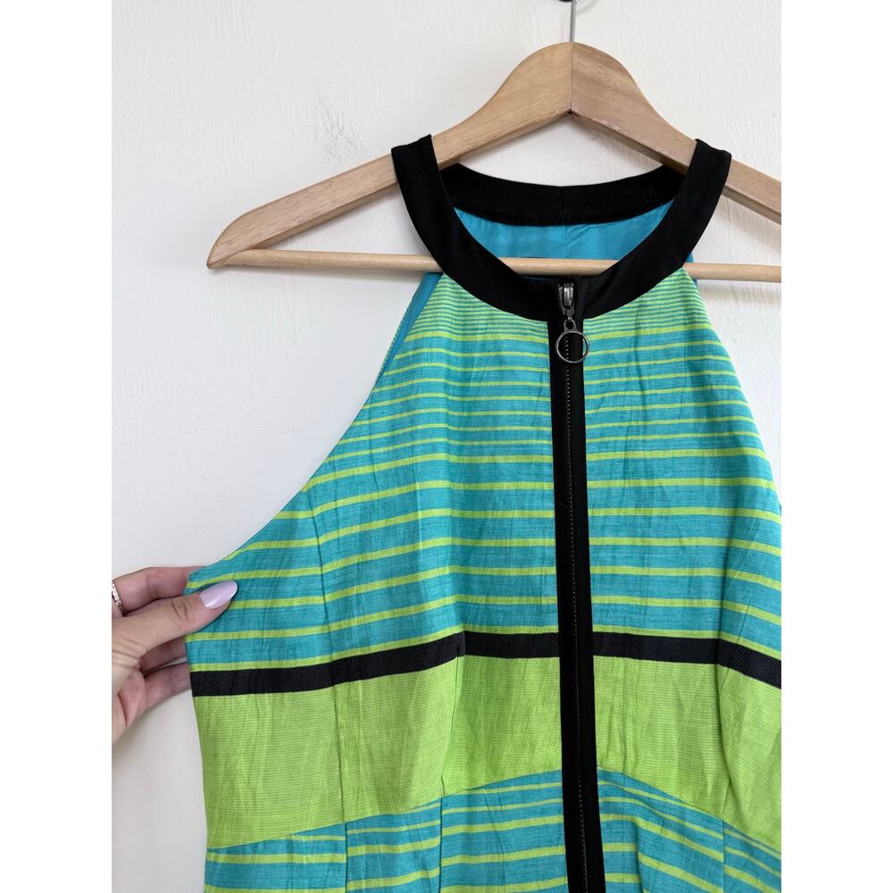 NANETTE LEPORE kiwi green blue striped Y2K Bogatelle linen blend hi lo dress - Picture 6 of 11